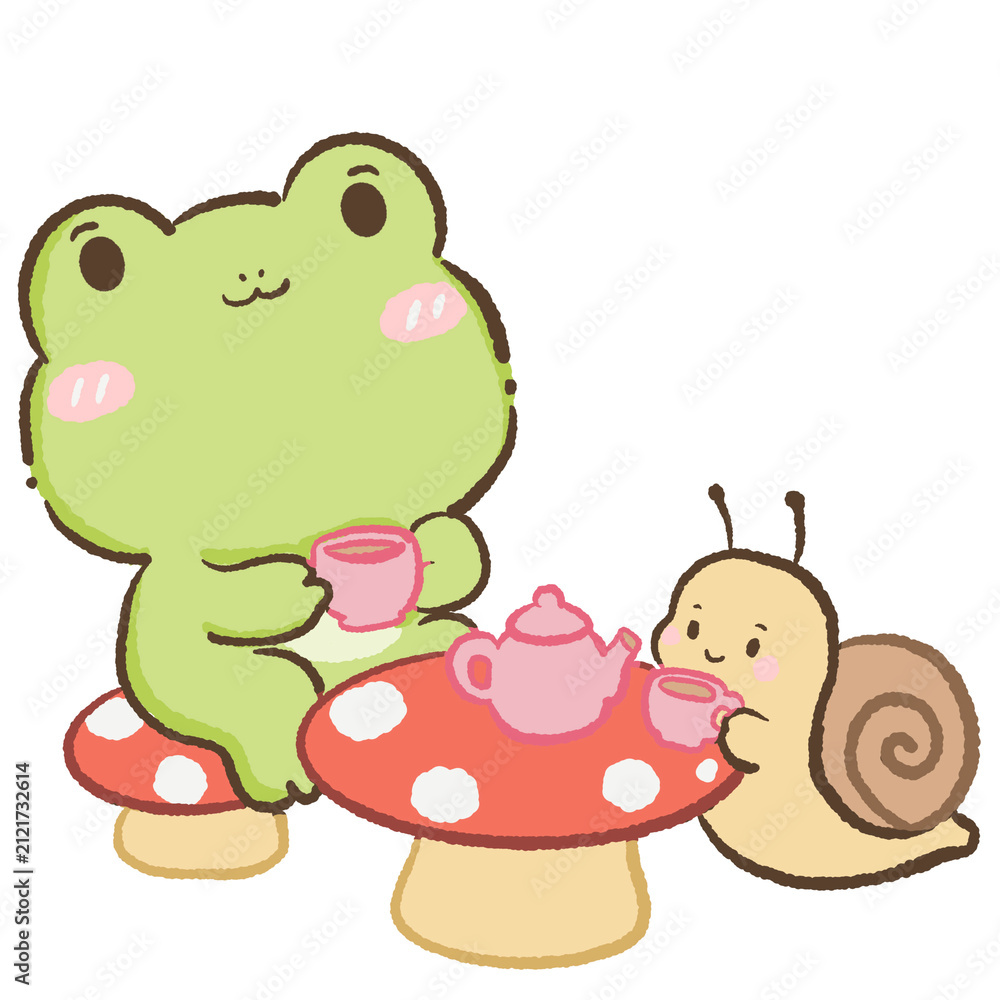 Fototapeta premium Cute Kawaii Chibi Frog Sharing Afternoon Tea with a Friendly Snail at a Mushroom Table Cottagecore Clipart Illustration