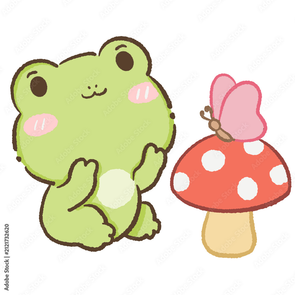 Fototapeta premium Cute Kawaii Chibi Frog Watching a Pink Butterfly Rest on a Red Mushroom Woodland Cottagecore Clipart Illustration
