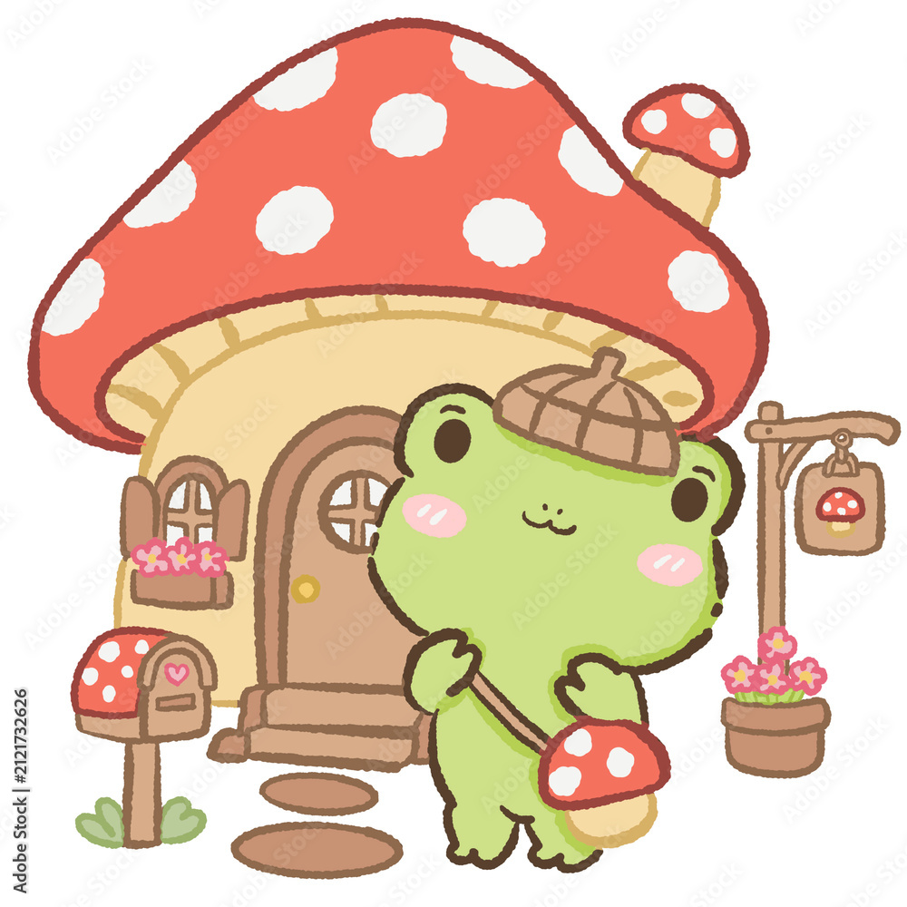 Fototapeta premium Cute Kawaii Chibi Frog Wearing an Acorn Hat Carrying a Mushroom Basket in Front of a Cozy Mushroom Cottage Cottagecore Clipart Illustration