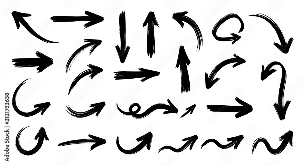 Fototapeta premium Hand drawn brush arrows vector collection for design projects graphic elements sketchy ink pointer symbols sketch design