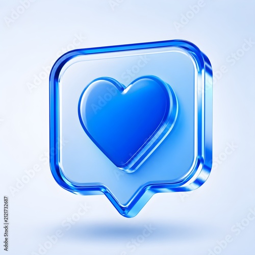 Modern 3D Blue Love Chat Bubble Icon with Glossy Glass Effect on Clean Background