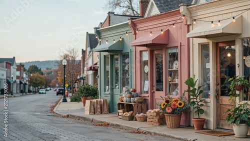 Shopfronts line a quiet street with pastel facades and potted flowers under string lights at early morning hours.