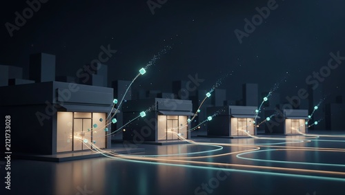 Storefronts are connected by glowing digital data streams in a stylized representation of modern retail networks.