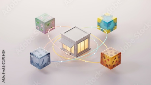 Shop building remains centered while four distinct geometric cubes orbit around it in a conceptual digital space.