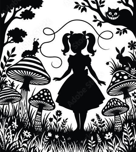 Fairytale magical forest wonderland vector silhouette illustration featuring girl giant mushrooms smiling cat and forest creatures