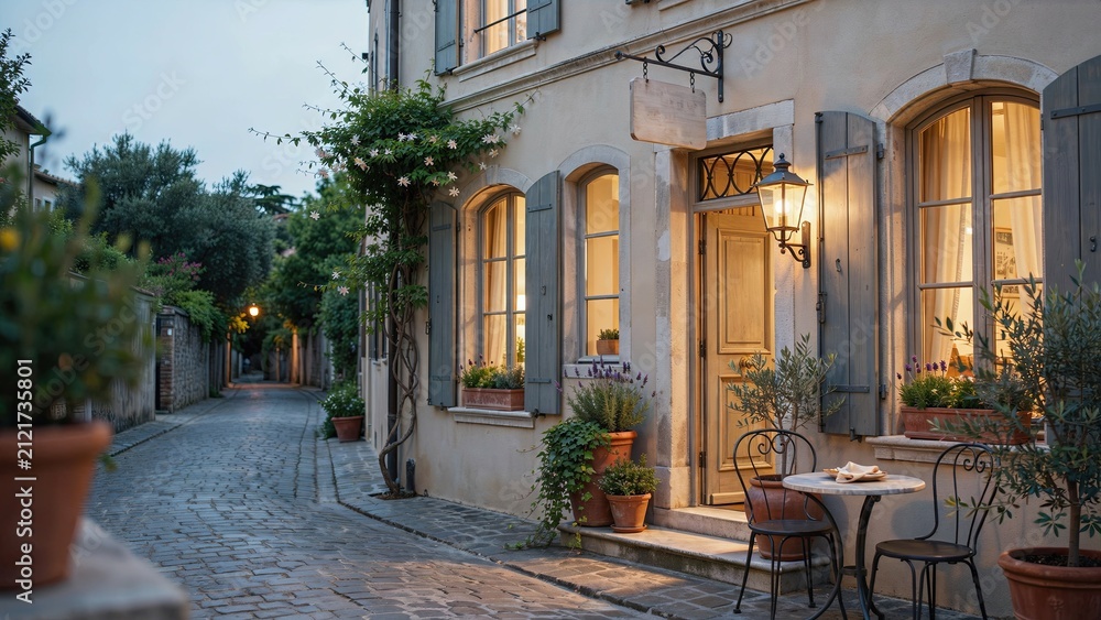 Fototapeta premium European village street features a charming stone building with outdoor seating and lush greenery at dusk time.