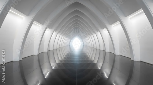 Modern white arched corridor. Futuristic tunnel with bright light at the end.