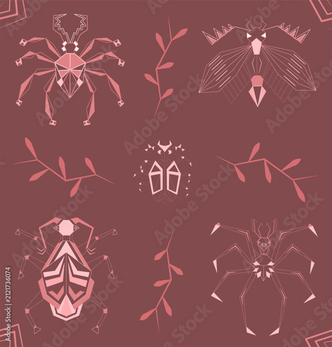 Pattern with geometric insects and plant elements