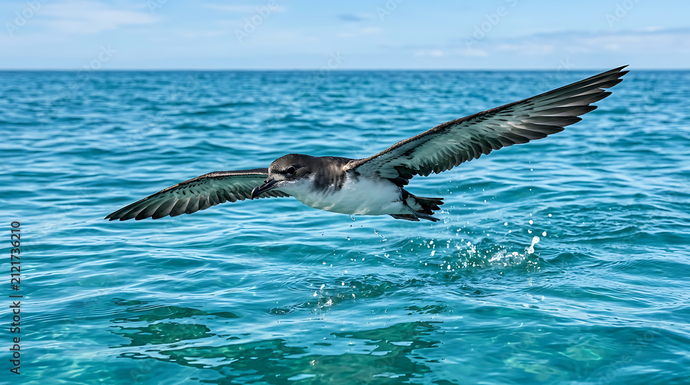 Fototapeta premium Seabird skimming water surface in flight. Marine bird gliding over ocean waves.