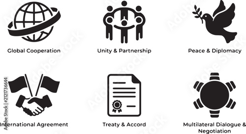Set of black and white business and diplomacy icons representing global cooperation, unity, peace, international agreements, treaties, and multilateral negotiation for professional use isolated on