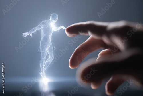 Hand reaches out to glowing AI figure in a moment of creation and ethical exploration