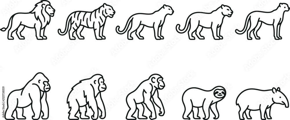 Fototapeta premium Set of wild animal illustrations including lion tiger gorilla and sloth with wildlife collection character predator creature tropical climbing