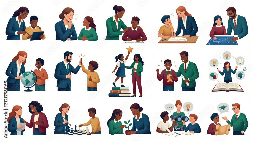 Fototapeta premium Teacher and Student Mentorship Illustration Collection with Guidance, Encouragement, Academic Growth and Educational Relationship Support Vector Isolated on White