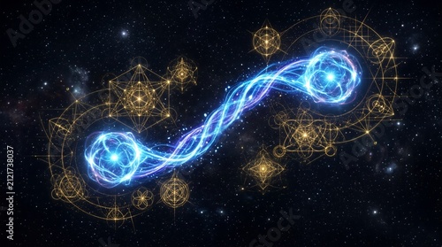 Quantum entanglement illustration with glowing nodes and geometry.