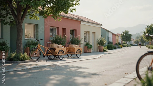 Bicycles equipped with wooden cargo trailers are parked along a quiet neighborhood street with colorful houses.