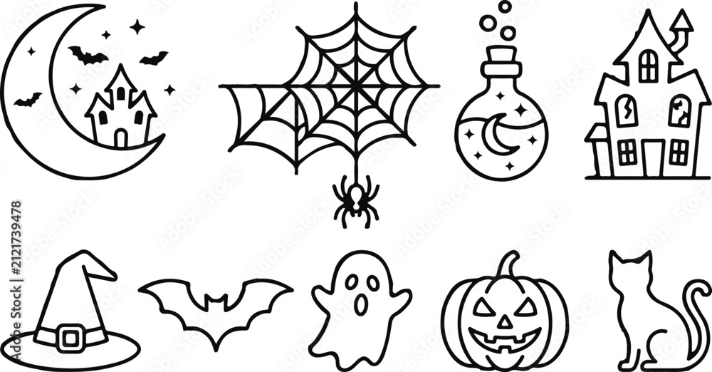 Naklejka premium Set of hand drawn halloween icons featuring haunted house spider web potion pumpkin ghost bat and black cat