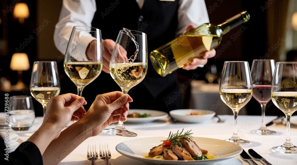 Obraz premium Waiter pours white wine into glass at restaurant table. Two hands hold wine glasses near gourmet meal. People enjoy fine dining and wine tasting experience.