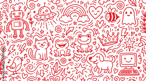 Red doodle seamless pattern set featuring cute cat frogs dog robot ufo rainbow and playful line art characters