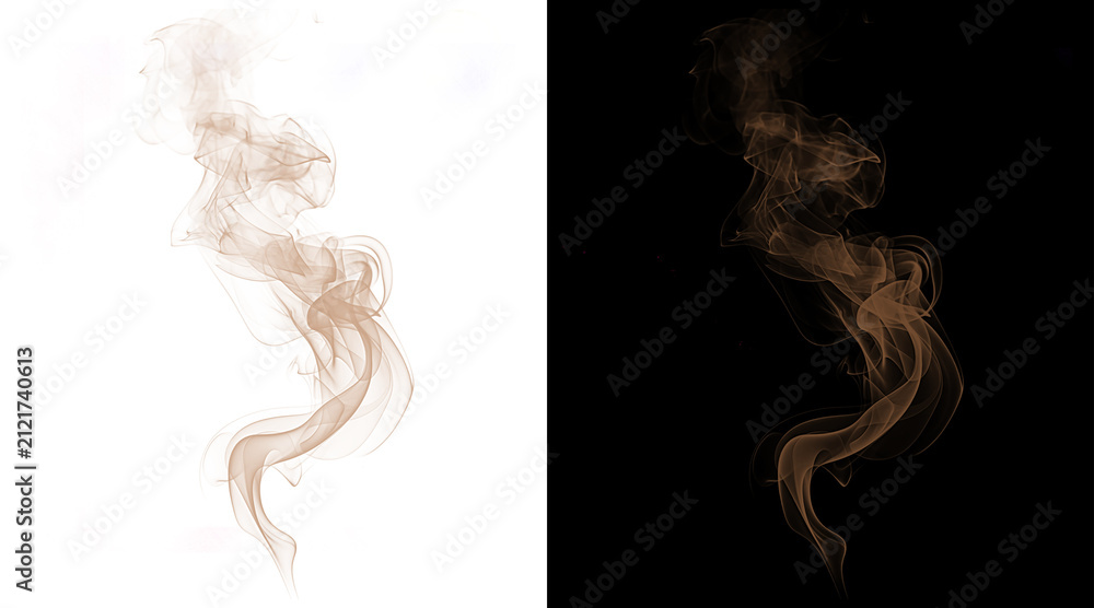 Obraz premium Brown smoke wisps on white and black backgrounds, ethereal steam vapor trails, swirling coffee or tea aroma clouds for food and beverage design