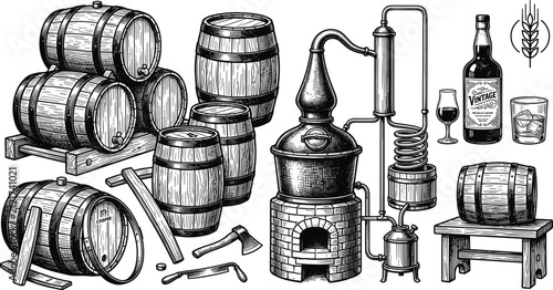 Fotografía Vintage distillery equipment set featuring wooden barrels copper alembic still a