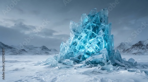 Fractured blue glacier ice formation. Sharp frozen crystal structure in arctic landscape.