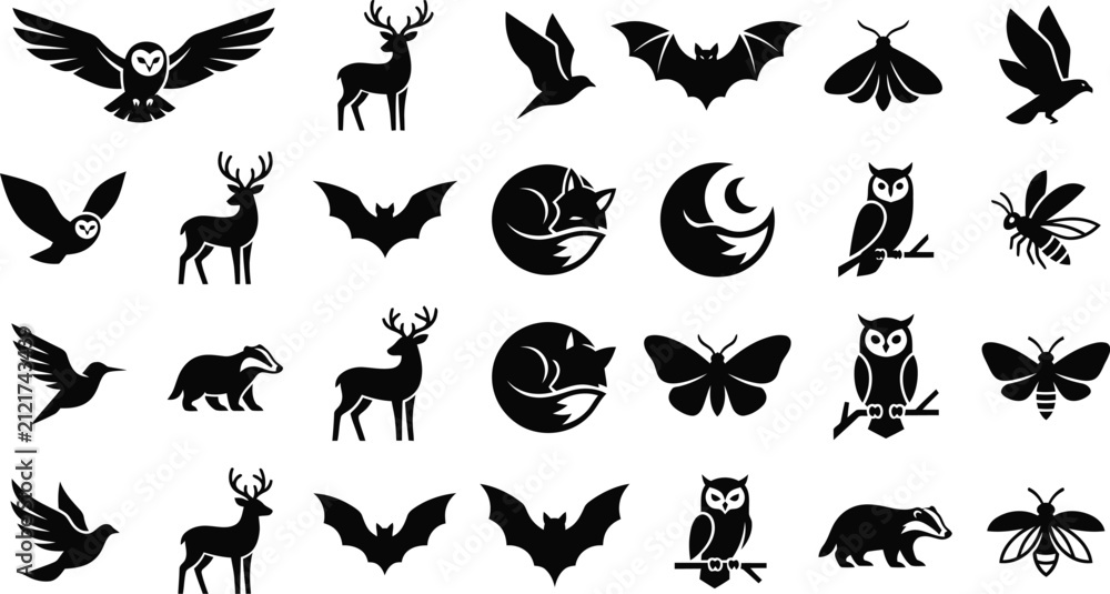 Fototapeta premium Wildlife animal silhouette icons with owls, foxes, deer, birds, bats, moths, bees, and badgers in minimalist design