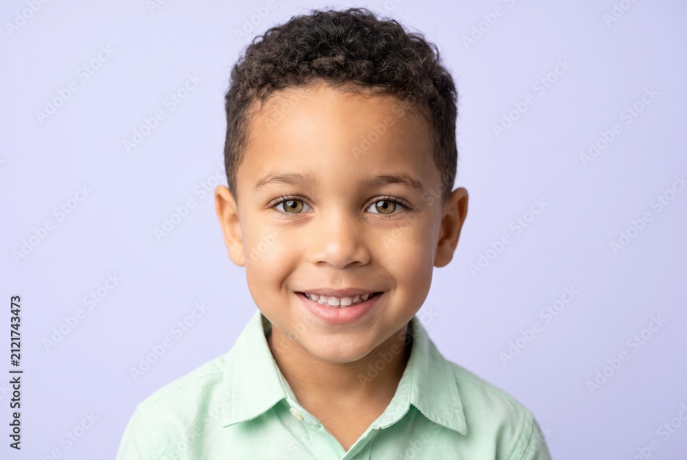 Naklejka premium Cute little boy smiling portrait studio shot with purple background