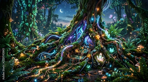 Bioluminescent fantasy tree with glowing cybernetic roots and circuit boards in an enchanted forest for a futuristic digital 2026 technology concept, model 16