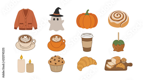 Cozy autumn vector collection, fall season essentials, warm beverages, baked goods, and Halloween elements, perfect for seasonal designs