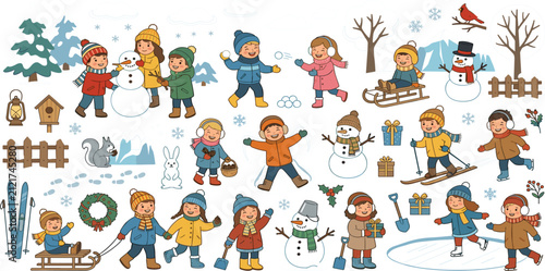 Fotografie Happy children playing winter outdoor games skiing sledding snowman vector illus