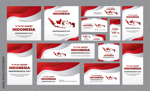 Indonesia Independence Day complete branding bundle featuring posters, banners, flyers, web headers and social media templates with red white design