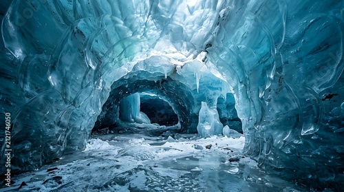 Blue ice glacier cave. Frozen cavern interior with natural crystalline formations.