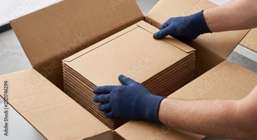 Warehouse Worker Packing Craft Envelopes into Corrugated Box for Shipping Order