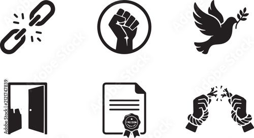 Human rights icon set with 6 black vector symbols, social justice and freedom icons, protest fist and peace dove illustrations for activism isolated on Transparent Background