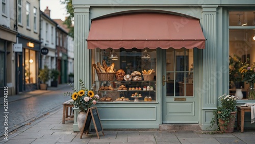 Bakery storefront displays fresh bread and sunflowers in a rustic setting along a quiet European stone pavement.