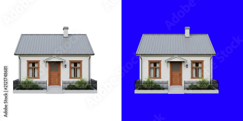 Small suburban house with grey roof and wooden doors 3D render model transparent png