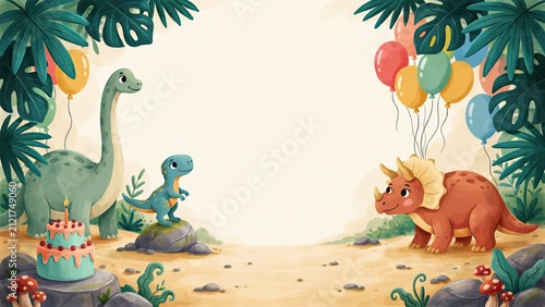 Dinosaurs stand around a birthday cake with colorful party balloons in a lush jungle setting for a celebration.