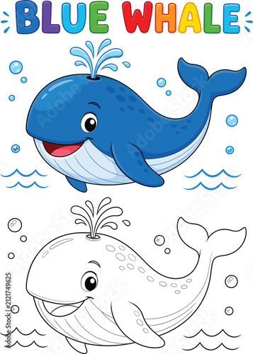 Cute Blue Whale Coloring Page and Colored Cartoon Vector Illustration for Kids Educational Worksheet