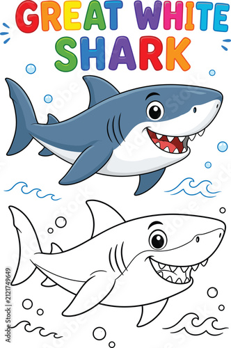 Cute Great White Shark Coloring Page and Colored Cartoon Vector Illustration for Kids Educational Worksheet