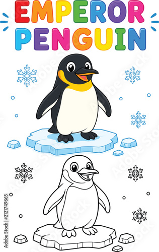 Cute Emperor Penguin Coloring Page and Colored Cartoon Vector Illustration for Kids Educational Worksheet