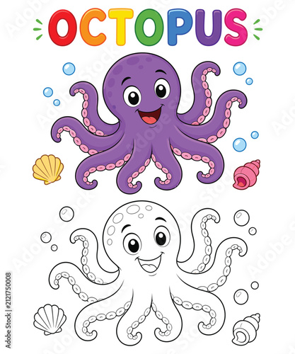 Cute Octopus Coloring Page and Colored Cartoon Vector Illustration for Kids Educational Worksheet