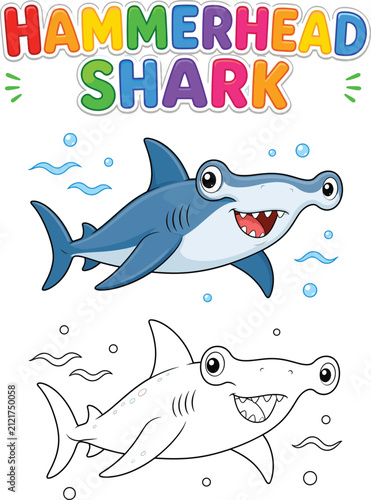 Cute Hammerhead Shark Coloring Page and Colored Cartoon Vector Illustration for Kids Educational Worksheet
