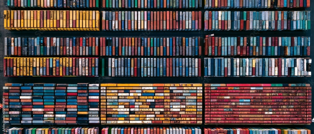 Fototapeta premium Colorful collection of books arranged on shelves in a library or bookstore setting in a city