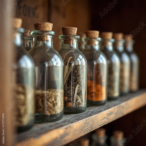 Close-up of vintage glass bottles containing dried herbs and botanical ingredients on a shelf.