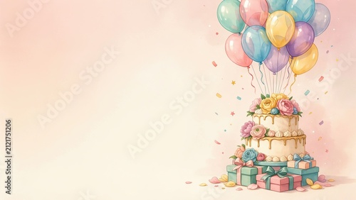 Cake decorated with colorful frosting stands surrounded by floating balloons and stacked gift boxes on a light background.