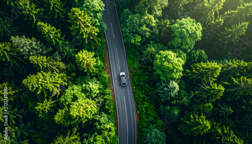 Aerial View of a Car Driving Through a Lush Green Forest.