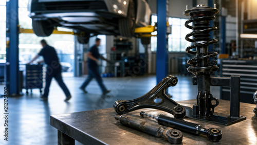 Professional Suspension Service Team with Shock Absorber and Control Arm Copy Space