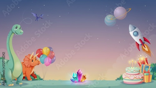 Dinosaurs stand near a glowing crystal cluster as a rocket launches into the sky filled with planets and stars.