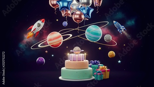 Cake sits amidst floating planets and rockets while decorative balloons hover in the dark starry outer space.