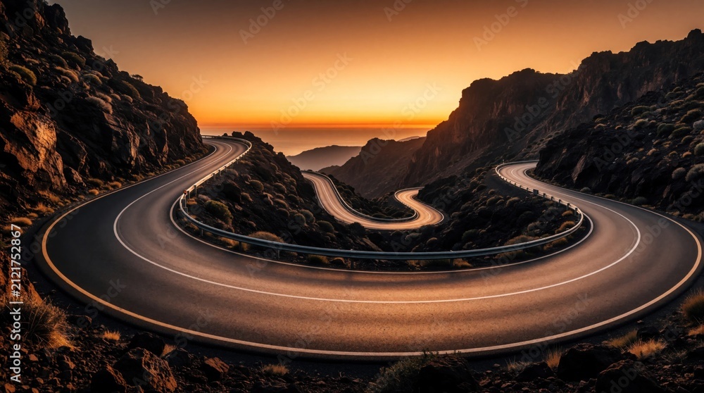 Fototapeta premium Winding asphalt mountain road curves through rocky terrain at sunset. Empty highway path leads toward horizon under orange sky. Scenic travel route between steep hills offers freedom of driving